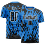 Custom Powder Blue Black-White Splatter Torn Sharp Brush Stroke Sublimation Soccer Uniform Jersey