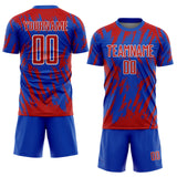 Custom Thunder Blue Red-White Splatter Torn Sharp Brush Stroke Sublimation Soccer Uniform Jersey