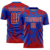 Custom Thunder Blue Red-White Splatter Torn Sharp Brush Stroke Sublimation Soccer Uniform Jersey
