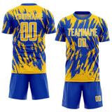 Custom Thunder Blue Yellow-White Splatter Torn Sharp Brush Stroke Sublimation Soccer Uniform Jersey