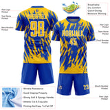 Custom Thunder Blue Yellow-White Splatter Torn Sharp Brush Stroke Sublimation Soccer Uniform Jersey