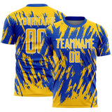 Custom Thunder Blue Yellow-White Splatter Torn Sharp Brush Stroke Sublimation Soccer Uniform Jersey