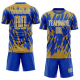 Custom Thunder Blue Old Gold-White Splatter Torn Sharp Brush Stroke Sublimation Soccer Uniform Jersey