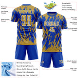 Custom Thunder Blue Old Gold-White Splatter Torn Sharp Brush Stroke Sublimation Soccer Uniform Jersey