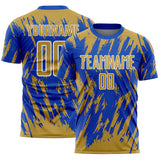 Custom Thunder Blue Old Gold-White Splatter Torn Sharp Brush Stroke Sublimation Soccer Uniform Jersey