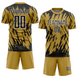 Custom Old Gold Black-White Splatter Torn Sharp Brush Stroke Sublimation Soccer Uniform Jersey
