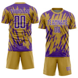 Custom Old Gold Purple-White Splatter Torn Sharp Brush Stroke Sublimation Soccer Uniform Jersey