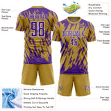 Custom Old Gold Purple-White Splatter Torn Sharp Brush Stroke Sublimation Soccer Uniform Jersey