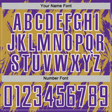 Custom Old Gold Purple-White Splatter Torn Sharp Brush Stroke Sublimation Soccer Uniform Jersey