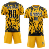 Custom Gold Black-White Splatter Torn Sharp Brush Stroke Sublimation Soccer Uniform Jersey