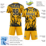 Custom Gold Black-White Splatter Torn Sharp Brush Stroke Sublimation Soccer Uniform Jersey