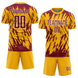 Custom Gold Crimson-White Splatter Torn Sharp Brush Stroke Sublimation Soccer Uniform Jersey