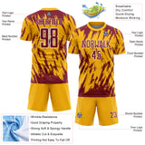 Custom Gold Crimson-White Splatter Torn Sharp Brush Stroke Sublimation Soccer Uniform Jersey
