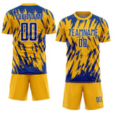 Custom Gold Royal-White Splatter Torn Sharp Brush Stroke Sublimation Soccer Uniform Jersey