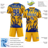 Custom Gold Royal-White Splatter Torn Sharp Brush Stroke Sublimation Soccer Uniform Jersey