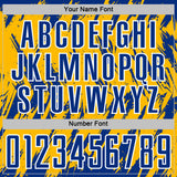 Custom Gold Royal-White Splatter Torn Sharp Brush Stroke Sublimation Soccer Uniform Jersey