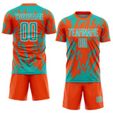 Custom Orange Aqua-White Splatter Torn Sharp Brush Stroke Sublimation Soccer Uniform Jersey
