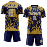 Custom Navy Old Gold-White Splatter Torn Sharp Brush Stroke Sublimation Soccer Uniform Jersey