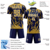 Custom Navy Old Gold-White Splatter Torn Sharp Brush Stroke Sublimation Soccer Uniform Jersey