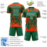 Custom Kelly Green Orange-White Splatter Torn Sharp Brush Stroke Sublimation Soccer Uniform Jersey