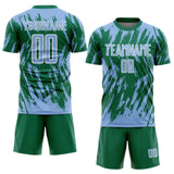 Custom Kelly Green Light Blue-White Splatter Torn Sharp Brush Stroke Sublimation Soccer Uniform Jersey
