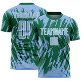 Custom Kelly Green Light Blue-White Splatter Torn Sharp Brush Stroke Sublimation Soccer Uniform Jersey