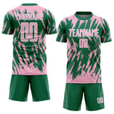Custom Kelly Green Light Pink-White Splatter Torn Sharp Brush Stroke Sublimation Soccer Uniform Jersey