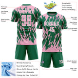 Custom Kelly Green Light Pink-White Splatter Torn Sharp Brush Stroke Sublimation Soccer Uniform Jersey