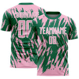 Custom Kelly Green Light Pink-White Splatter Torn Sharp Brush Stroke Sublimation Soccer Uniform Jersey