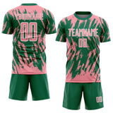 Custom Kelly Green Medium Pink-White Splatter Torn Sharp Brush Stroke Sublimation Soccer Uniform Jersey