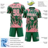 Custom Kelly Green Medium Pink-White Splatter Torn Sharp Brush Stroke Sublimation Soccer Uniform Jersey