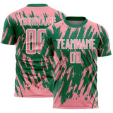 Custom Kelly Green Medium Pink-White Splatter Torn Sharp Brush Stroke Sublimation Soccer Uniform Jersey