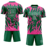 Custom Kelly Green Pink-White Splatter Torn Sharp Brush Stroke Sublimation Soccer Uniform Jersey