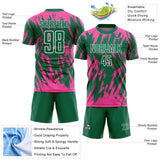 Custom Kelly Green Pink-White Splatter Torn Sharp Brush Stroke Sublimation Soccer Uniform Jersey