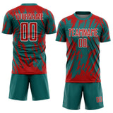 Custom Teal Red-White Splatter Torn Sharp Brush Stroke Sublimation Soccer Uniform Jersey