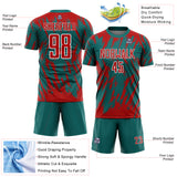 Custom Teal Red-White Splatter Torn Sharp Brush Stroke Sublimation Soccer Uniform Jersey