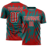 Custom Teal Red-White Splatter Torn Sharp Brush Stroke Sublimation Soccer Uniform Jersey