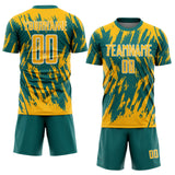 Custom Teal Gold-White Splatter Torn Sharp Brush Stroke Sublimation Soccer Uniform Jersey