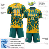 Custom Teal Gold-White Splatter Torn Sharp Brush Stroke Sublimation Soccer Uniform Jersey
