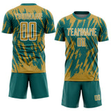 Custom Teal Old Gold-White Splatter Torn Sharp Brush Stroke Sublimation Soccer Uniform Jersey