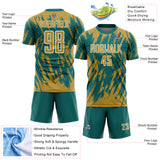 Custom Teal Old Gold-White Splatter Torn Sharp Brush Stroke Sublimation Soccer Uniform Jersey