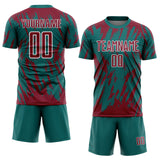 Custom Teal Crimson-White Splatter Torn Sharp Brush Stroke Sublimation Soccer Uniform Jersey