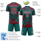 Custom Teal Crimson-White Splatter Torn Sharp Brush Stroke Sublimation Soccer Uniform Jersey