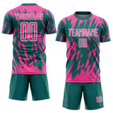Custom Teal Pink-White Splatter Torn Sharp Brush Stroke Sublimation Soccer Uniform Jersey