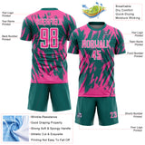 Custom Teal Pink-White Splatter Torn Sharp Brush Stroke Sublimation Soccer Uniform Jersey