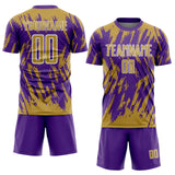 Custom Purple Old Gold-White Splatter Torn Sharp Brush Stroke Sublimation Soccer Uniform Jersey