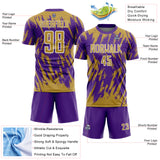 Custom Purple Old Gold-White Splatter Torn Sharp Brush Stroke Sublimation Soccer Uniform Jersey