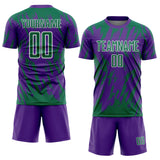 Custom Purple Kelly Green-White Splatter Torn Sharp Brush Stroke Sublimation Soccer Uniform Jersey
