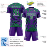 Custom Purple Kelly Green-White Splatter Torn Sharp Brush Stroke Sublimation Soccer Uniform Jersey