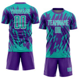 Custom Purple Aqua-White Splatter Torn Sharp Brush Stroke Sublimation Soccer Uniform Jersey
